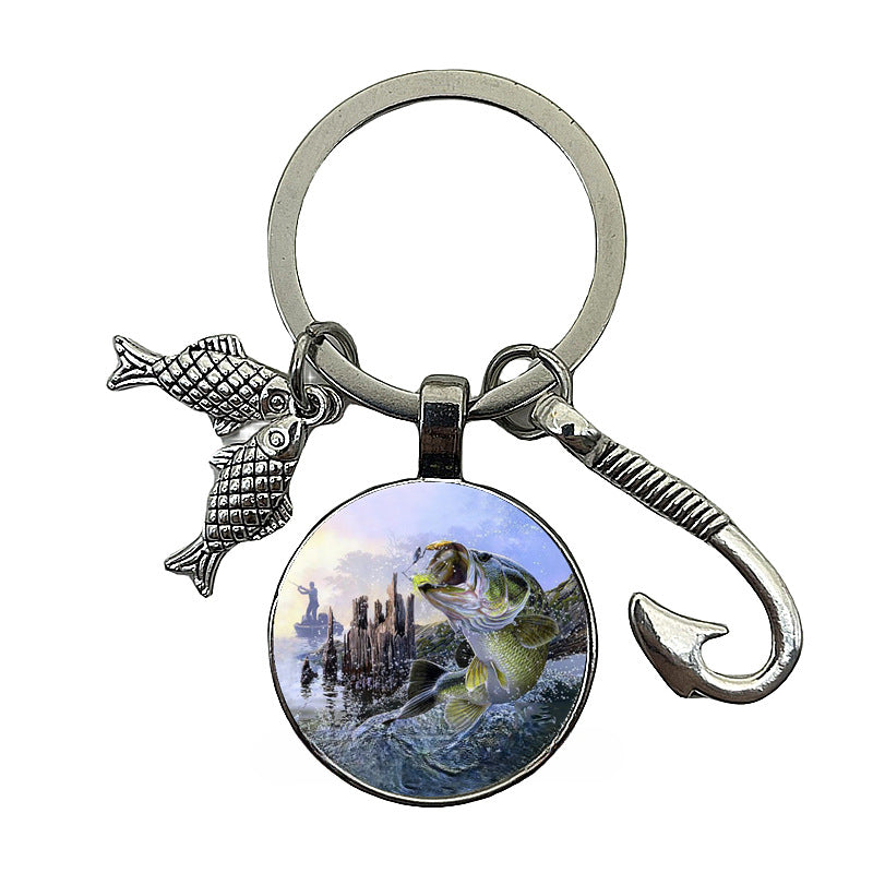 卸売釣り愛好家タイムジェムストーンフィッシュフックメタルキーホルダー