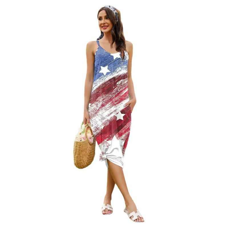 Wholesale Independence Day Flag Printed Suspender Pocket Fashion Dress
