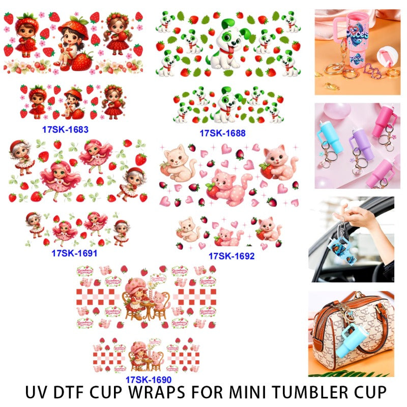 Wholesale 2/4/8 Pcs Small Pink Strawberry Girl Cartoon Dog Cat UV DTF Wraps Mini Tumbler Cup Keychain Lipstick Holders