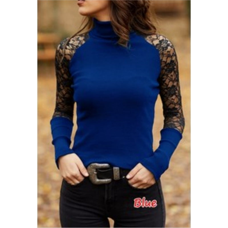 Wholesale Cotton Women's High Neck Lace Patchwork Long Sleeved T-shirts