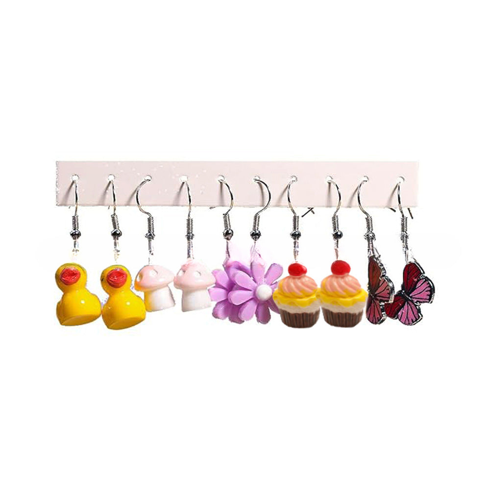 Wholesale 5pcs/pack Hot Sale Sweet Cool Creative Resin  Flowers, Strawberry Mushroom Drink Bottle, Small Cake Earrings Set