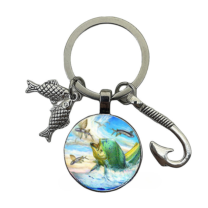 卸売釣り愛好家タイムジェムストーンフィッシュフックメタルキーホルダー