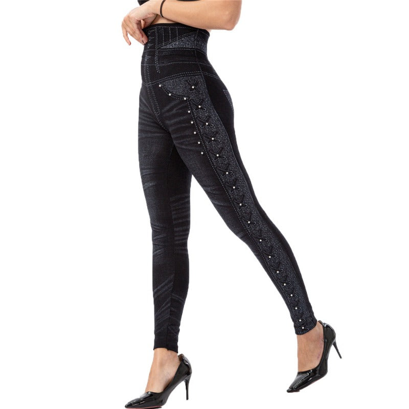 Wholesale High Waisted Nail Bead Imitation Denim Elastic Slim Fit Cropped Pants