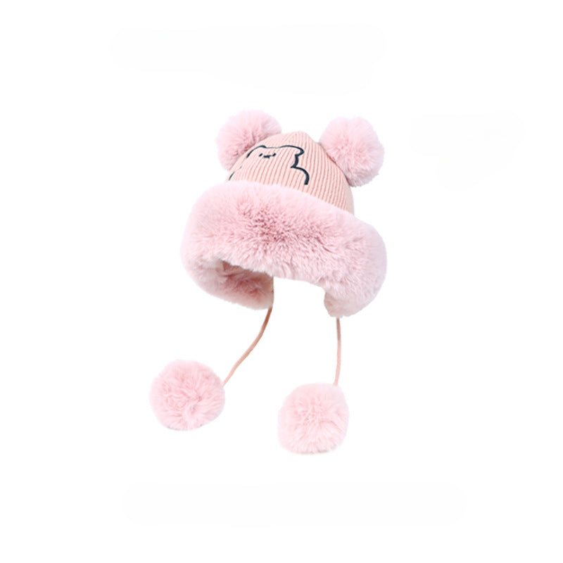 Wholesale 2023 Winter New Knitted Plus Velvet Embroidery Bear Fur Ball Acrylic Thermal Hat