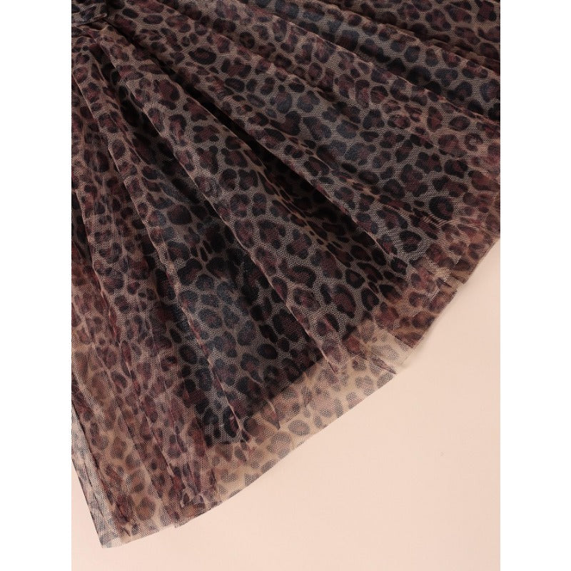 Wholesale Children's Short Sleeved Leopard Print Mesh Bow Cotton Dresses
