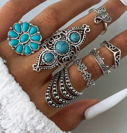 Vintage 8-piece Ring Set with Turquoise Carved Feathers