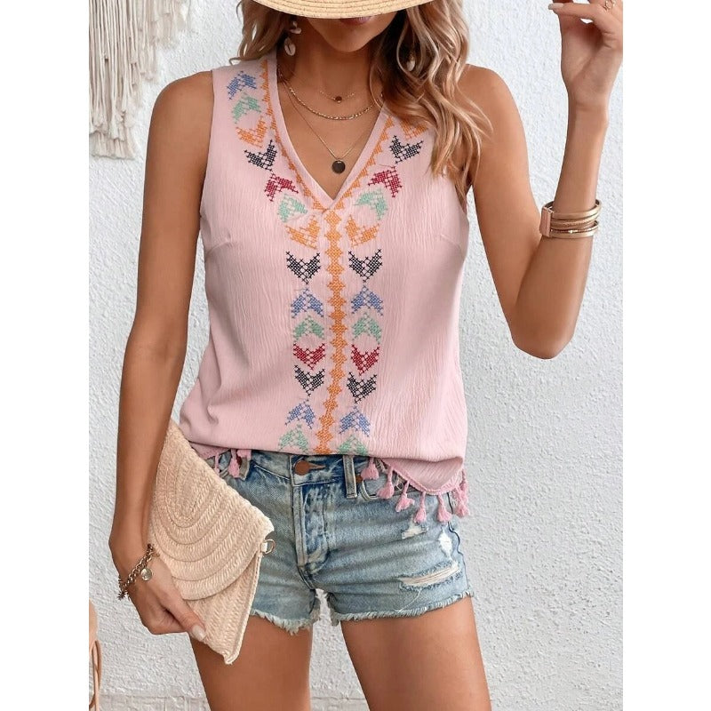 Wholesale Ethnic Style V-neck Embroidered Patchwork Hem Hairy Vest