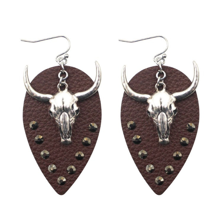 Wholesale Western Cowboy Cow Head Ethnic Style Leather Earrings