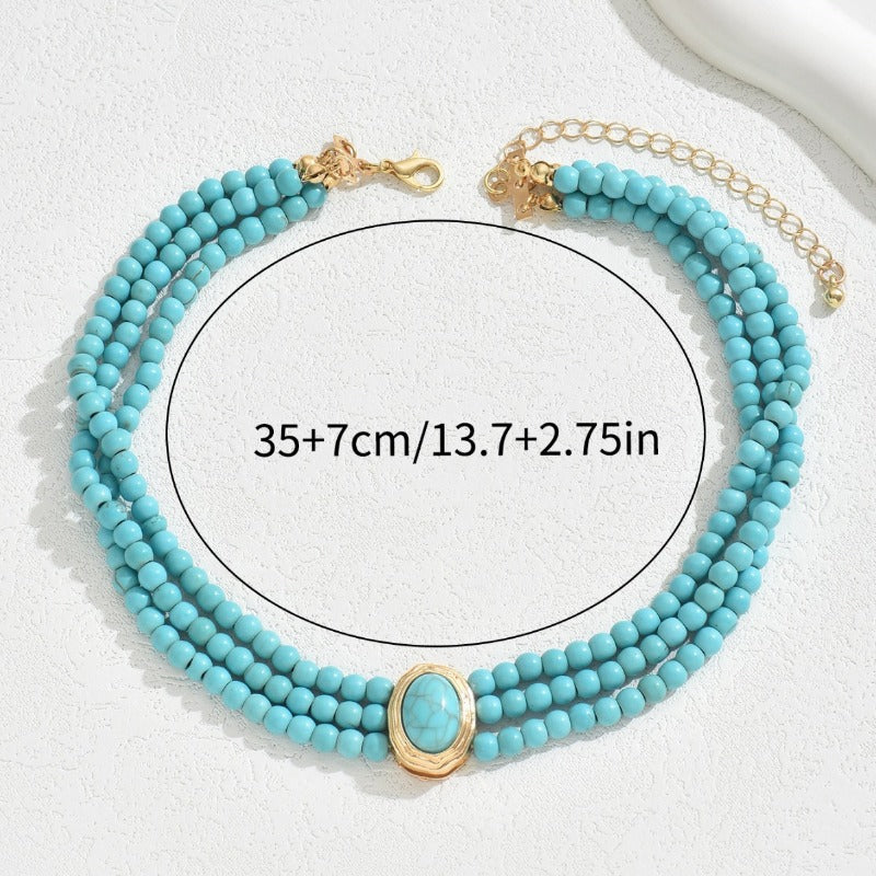 Wholesale Fashion Retro Geometric Beads Simple Turquoise Multi-layer Design Long Chain Alloy Clavicle Chain