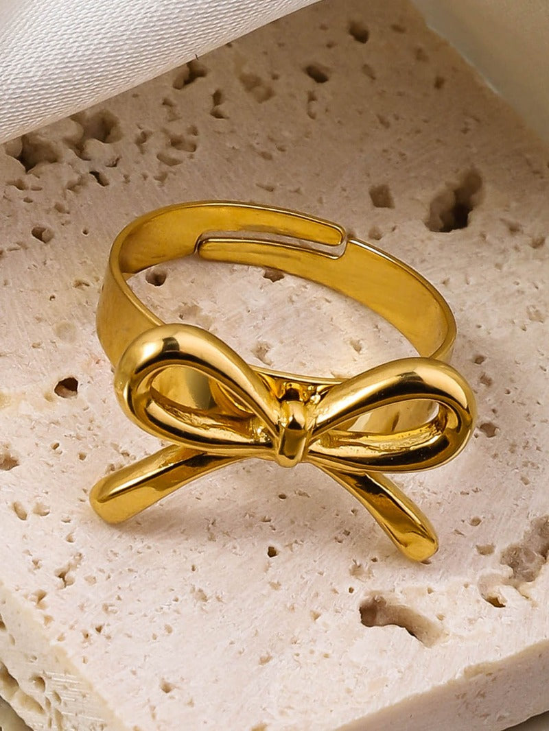 Wholesale Ribbon Knot Heart shaped 18K Real Gold Open Mouth Adjustable Luxury Stainless Steel Rings