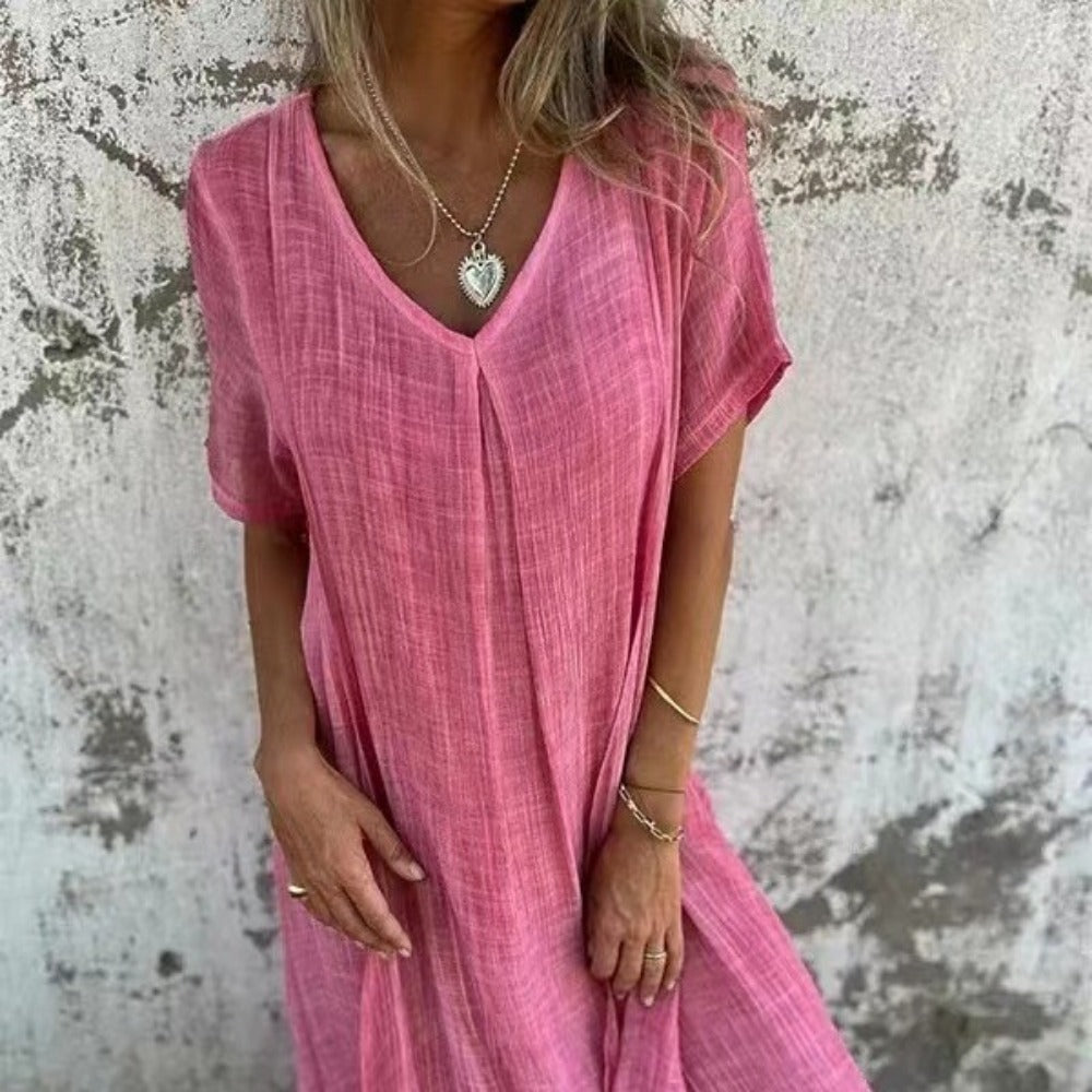 Wholesale Casual Loose Short Sleeve V-Neck Solid Color Cotton and Linen Dress