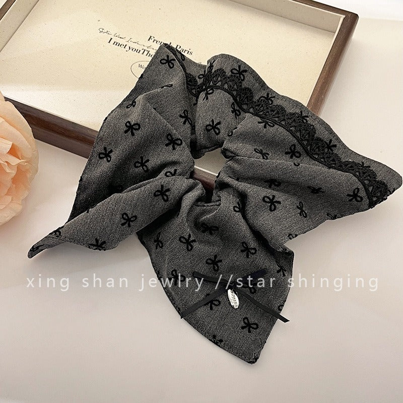 Wholesale Gray Bow Square Scarf Retro High-end Oversized Lace Hair Rope