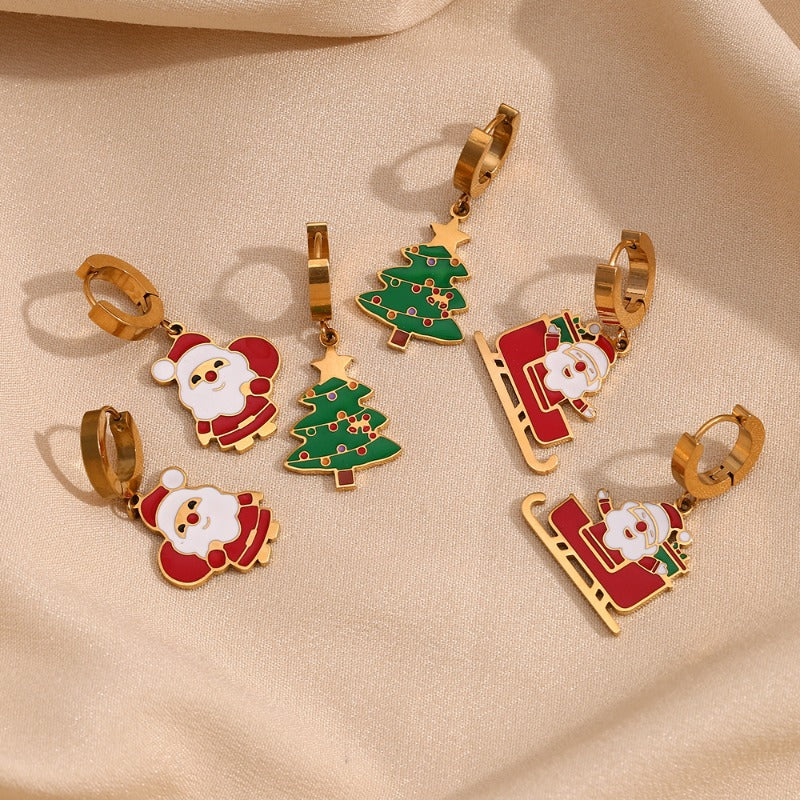 Wholesale Cute Cartoon Santa Claus Oil Dripping Stainless Steel 18K Gold Plated Sleigh Christmas Tree Earrings