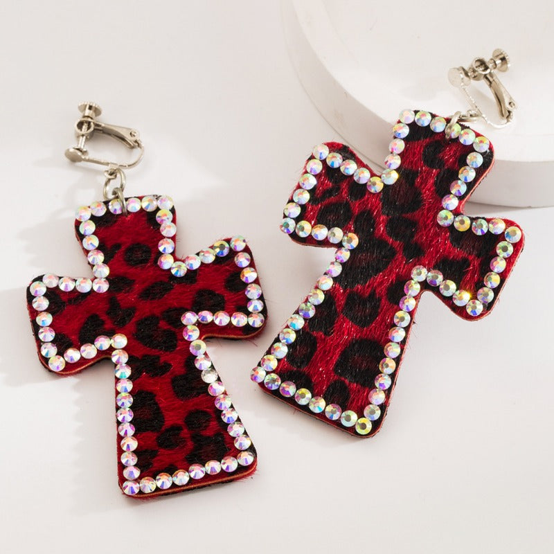 Wholesale Hot Girl Leopard Print Cross Exaggerated Adjustable Earrings