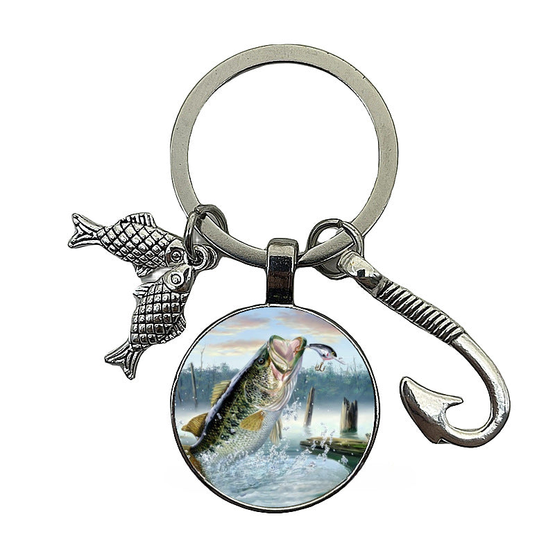 卸売釣り愛好家タイムジェムストーンフィッシュフックメタルキーホルダー