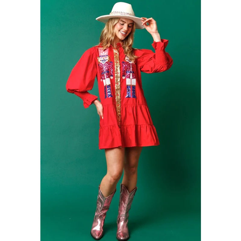 Wholesale Autumn/winter Contrasting Long Sleeved Lapel Christmas Sequin Women Clothes