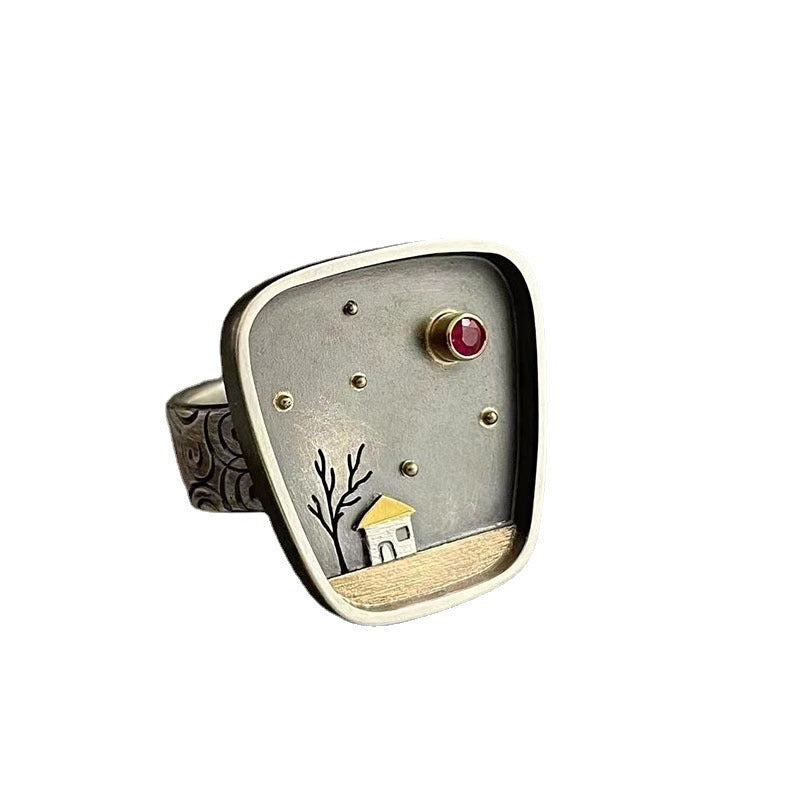 Wholesale House Tree Inlaid Rhinestones Geometric Graffiti Carved Vintage Ring