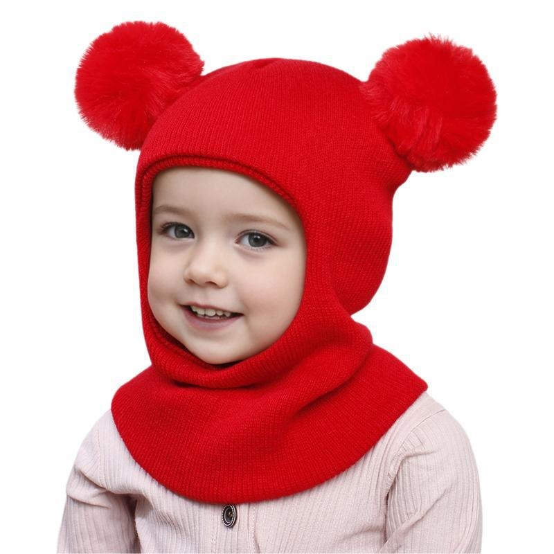 Wholesale Autumn and Winter Pullover Children's Double Ball Ear Protection One-piece Solid Color Cute Wool Knitted Hat
