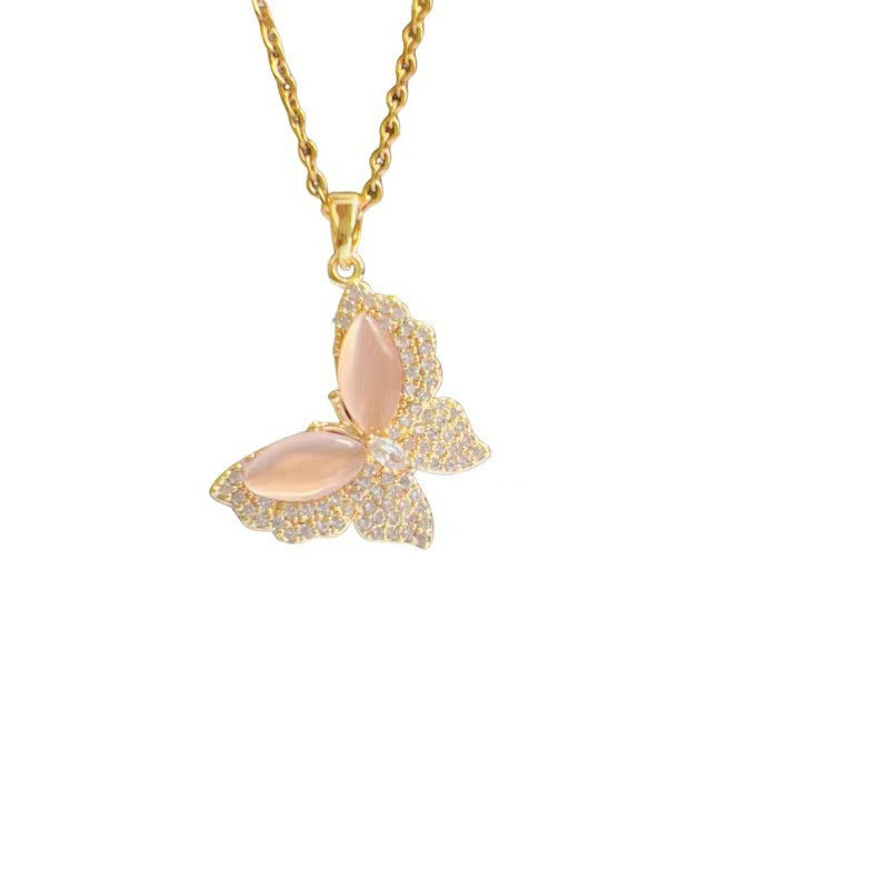 Wholesale Titanium Steel Rainbow Crystal Butterfly Necklaces