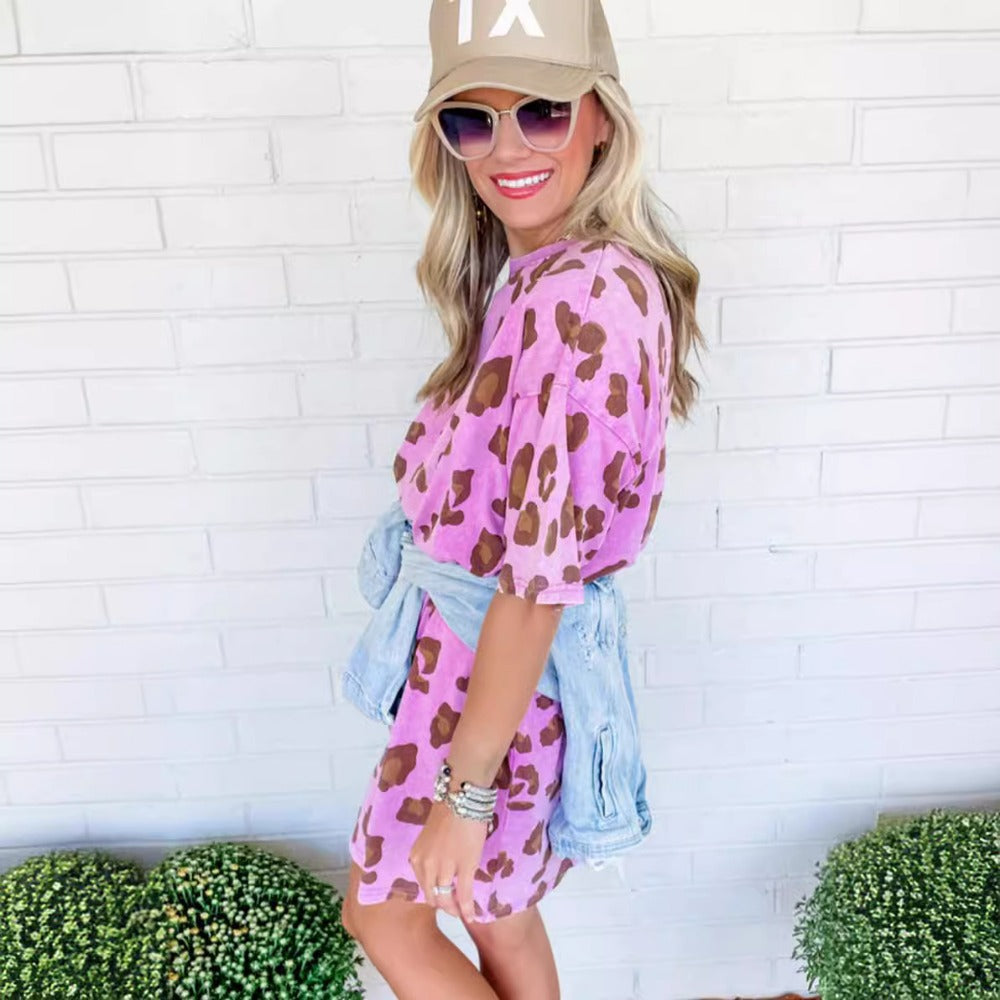 Wholesale One Step Skirt Leopard Print Round Neck Loose Dress