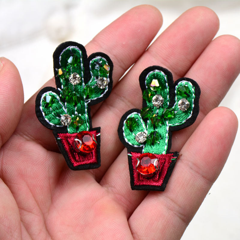 Wholesale Handmade Beaded Cactus Rhinestone Embroidery Cloth Patch Hat Clothes Decoration FS