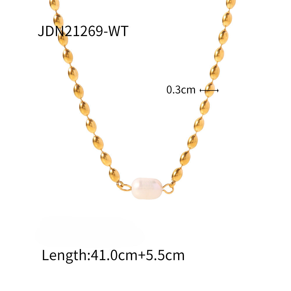 Wholesale Natural Freshwater Pearl Oval Golden Peas Titanium Steel Bracelet