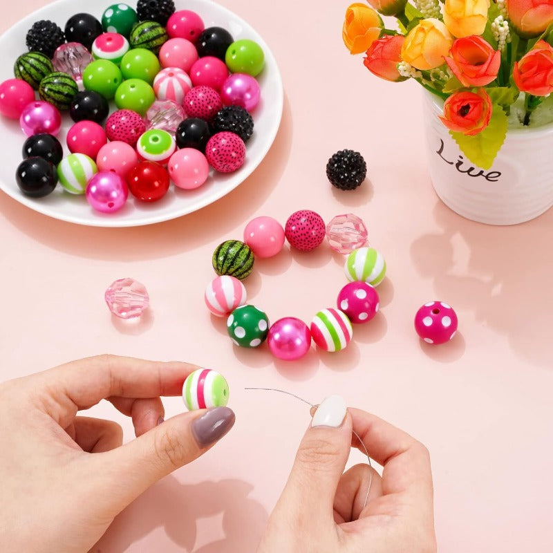 Wholesale Whaline 50Pcs 20mm Summer Beads 14 Styles Watermelon Theme Mixed Bubblegum Beads Set Pink Green Spacer Bead Chunky Beads Jumbo Plastic Beads for DIY Jewelry Making Boutique Craft Supplies