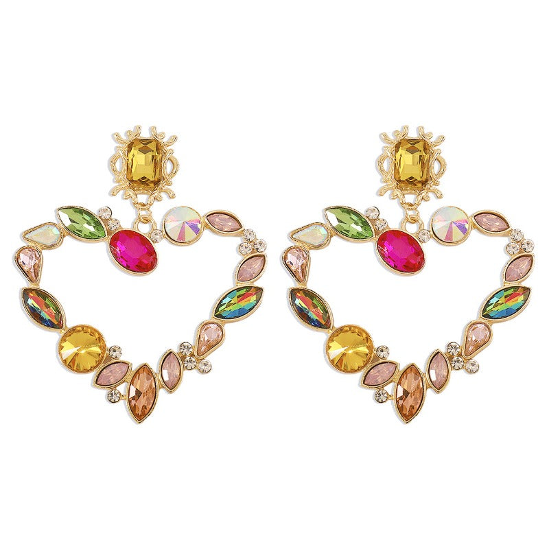 Wholesale Rhinestone Alloy Exaggerated Colored Diamond Gemstone Love Palace Style Earrings