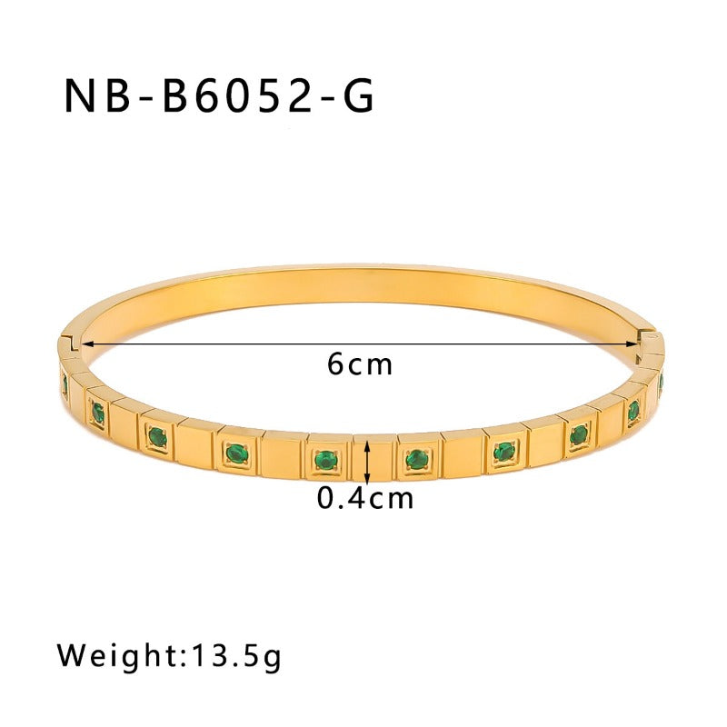 Wholesale Zircon Heart Quadrilateral Geometric White Zircon Green Zircon Titanium Steel Real Gold Electroplating Color-preserving Bracelet