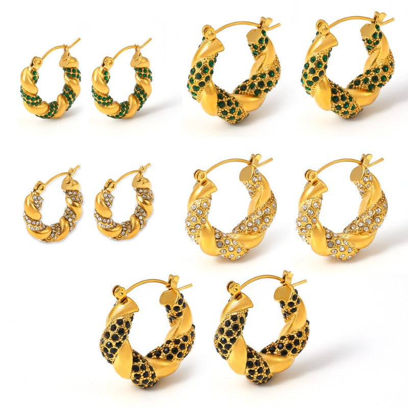 Wholesale Fashionable and Simple U-shaped Titanium Steel Inlaid Zircon Twisted Non-fading Light Luxury Temperament Earrings