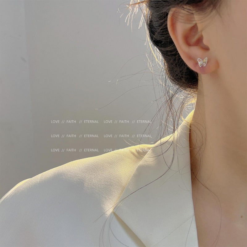 Wholesale 925 Silver Needle Micro Inlaid Zirconia Sweet Mini Pink Blue Small Butterfly Earrings