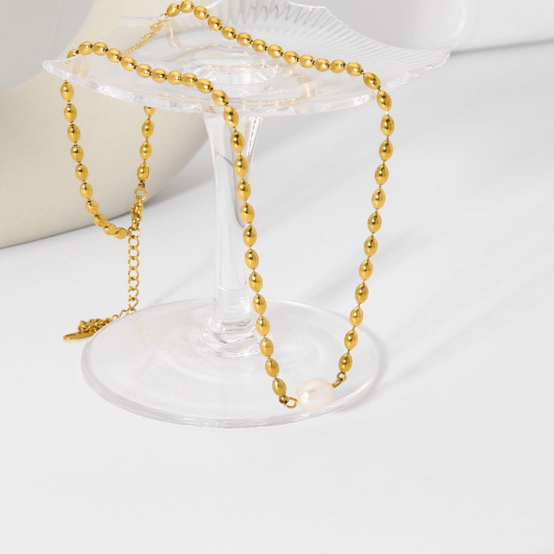 Wholesale Non-fading Natural Freshwater Pearl Oval Gold Bean Titanium Steel Necklaces