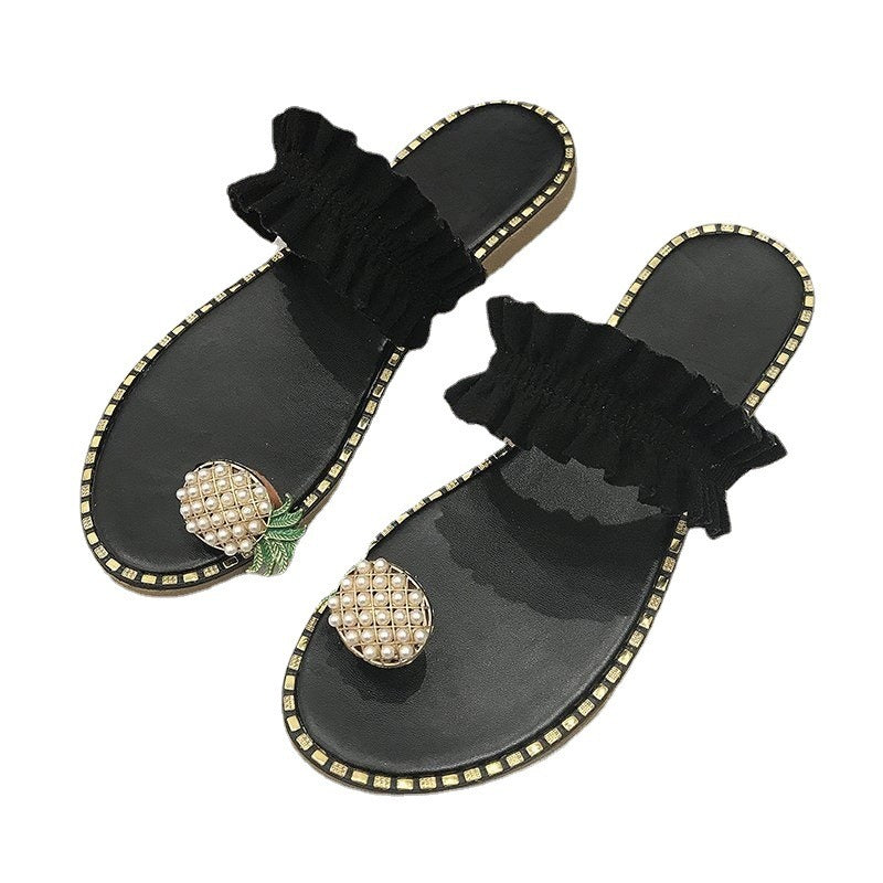 Wholesale Summer Pineapple Lace Toe PU Slippers