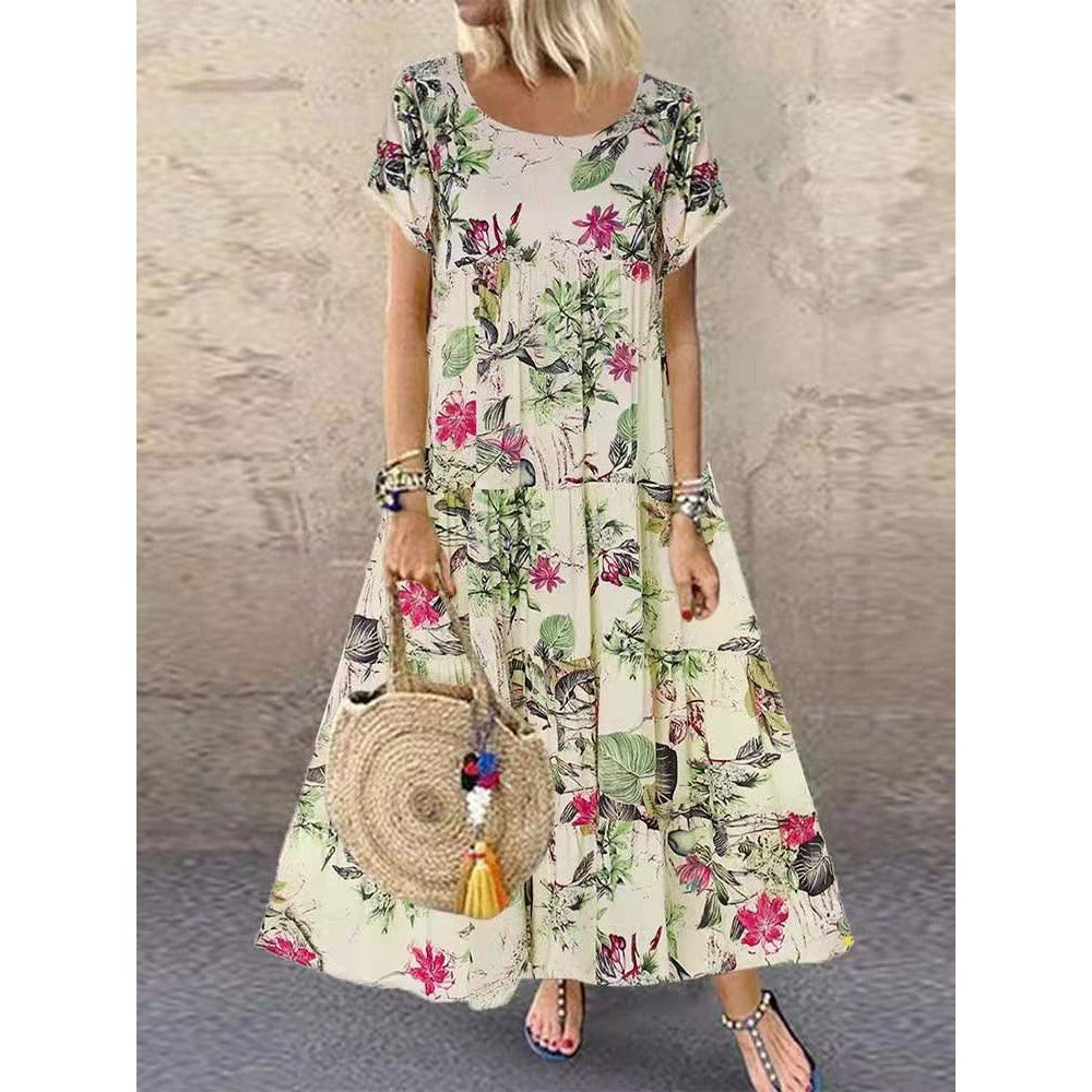 Wholesale Vintage Cotton and Linen Floral Print Short Sleeve Round Neck Dress