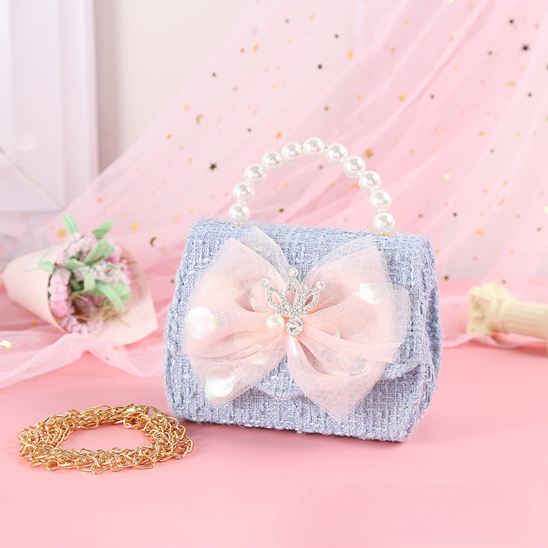 Wholesale Canvas Children's Bag Crown Colorful Bow Handbag Pearl Diagonal Straddle Bag