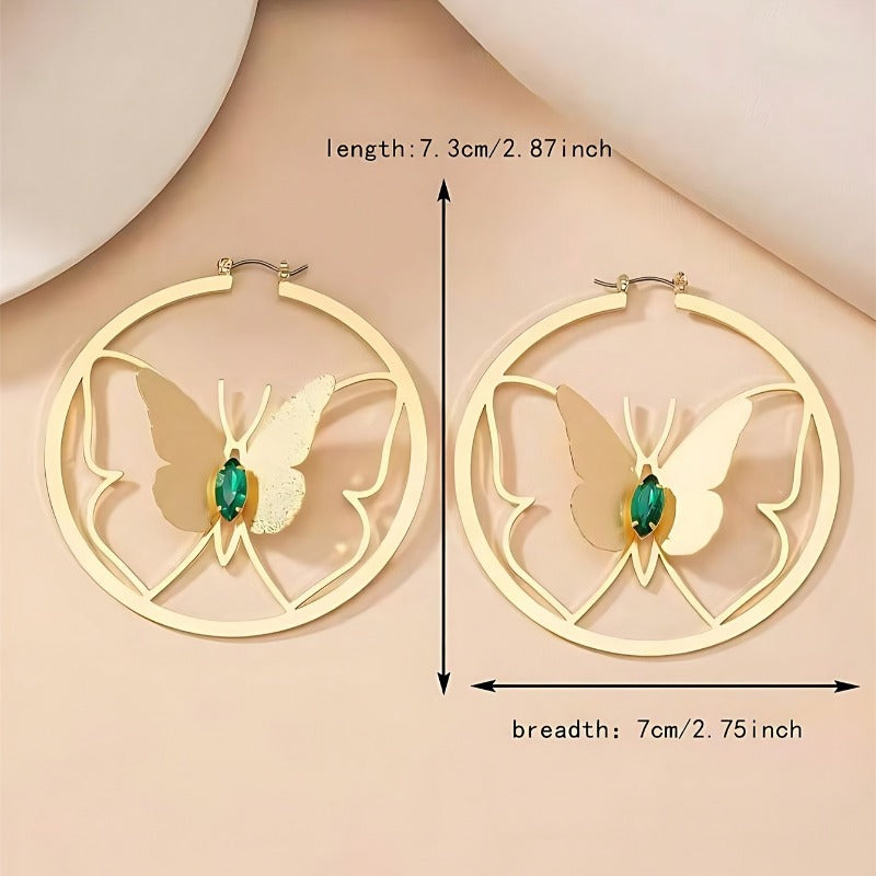 Wholesale Popular Circular Hollow Butterfly Paired with Green Imitation Diamond Commuting Exaggerated Earrings