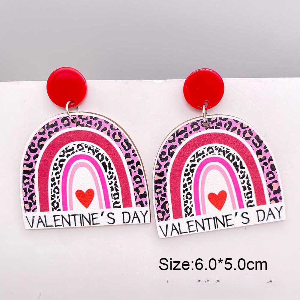Wholesale Valentine's Day Wooden Earrings Pink Dwarf Leopard Pattern Heart Earrings