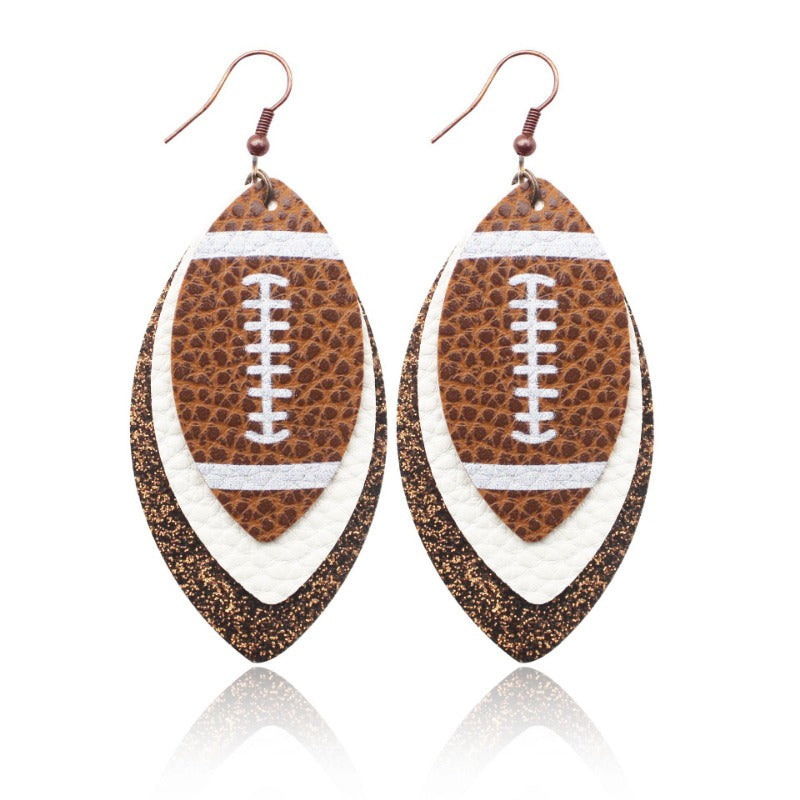 Wholesale Sports Style Rugby Brown Leopard Print Leaf Three-layer Leather Dot Diamond Rugby Earrings