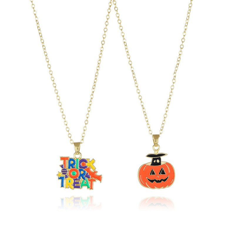 Wholesale New Halloween Cartoon Kids Alloy Drip Oil Spooky Pumpkin Necklace Set