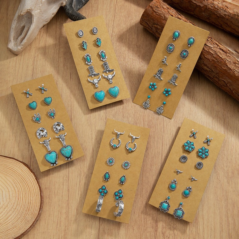 Wholesale Retro Ethnic Style Turquoise Flower Denim Cactus Alloy Earrings
