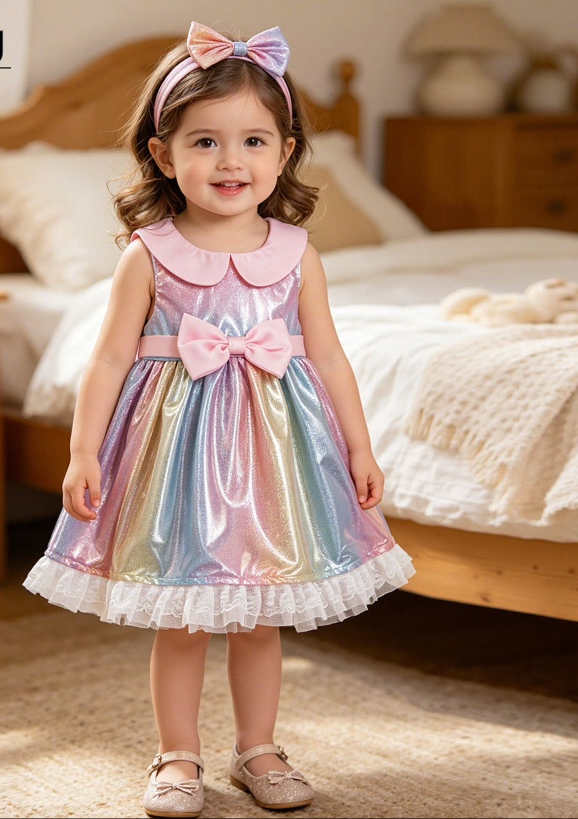 Wholesale Summer Trendy Girls Rainbow Princess Dress Sleeveless Doll Collar Sequin Bow Waist Party Photo Polyester