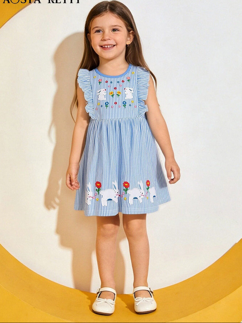 Wholesale Rabbit Embroidery Girls Sleeveless Cotton Princess Dress European Style Boutique
