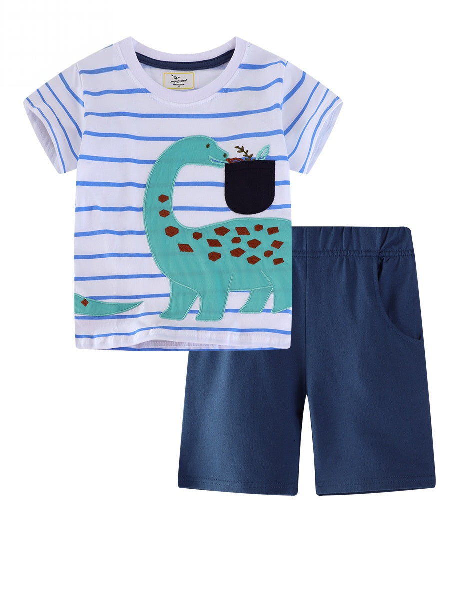 Wholesale Boys Summer Shorts Set With Dinosaur Embroidery European American Style Two Piece Outfit For Kids Ages 3 8 Fashion Resale