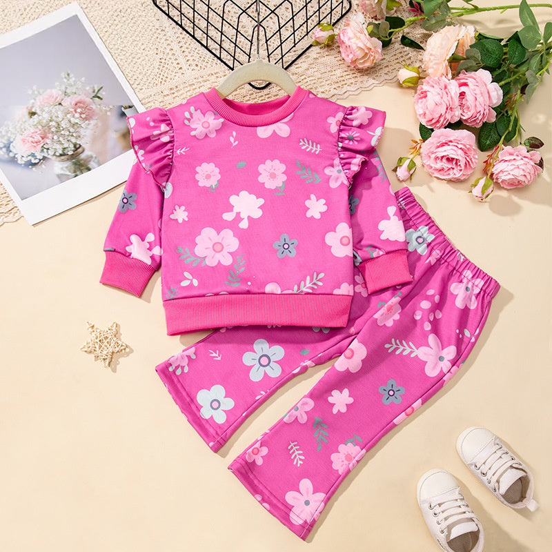 Wholesale Girls Korean Style Two Piece Sweatshirt And Flared Pants Set Long Sleeve Round Neck Autumn Winter Everyday Outfit