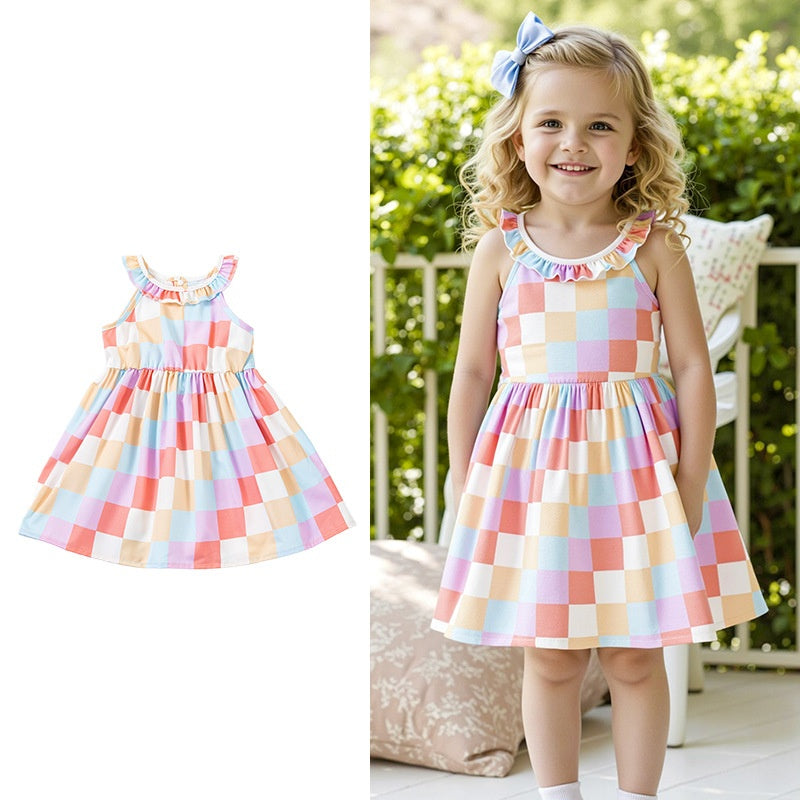 Wholesale Plaid Sleeveless Toddler Girl Dress Summer Princess Style Casual Wear Gift