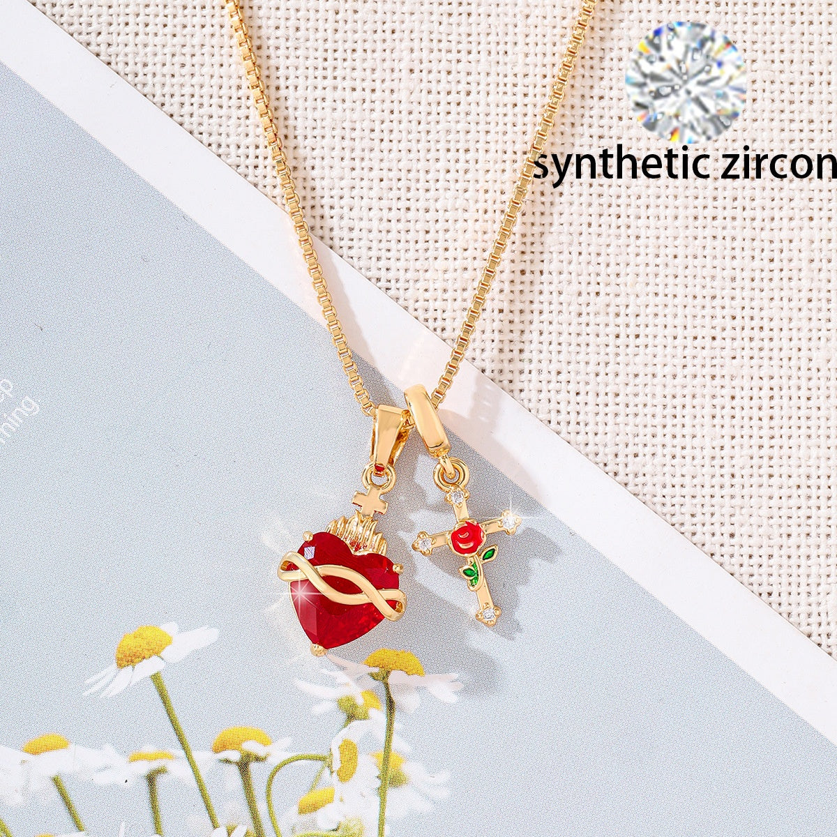 Wholesale Red Sacred Heart Cross Pendant Necklace Heart Shaped Collarbone Chain In Copper Fashion Jewelry Gift Accessory