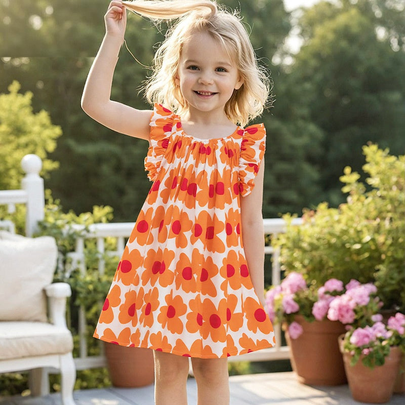 Wholesale Chic Summer Girls A Line Dress With Sunflower Print Flutter Sleeves Polyester Casual Everyday Wear