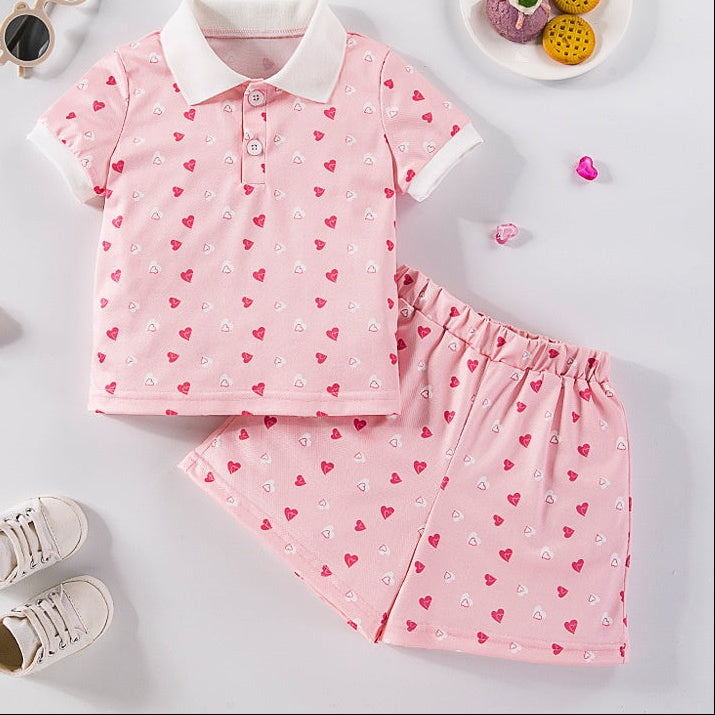 Wholesale Toddler Girl Summer Two Piece Set Pink Heart Print Polo T Shirt With Shorts Korean Style Party Outfit