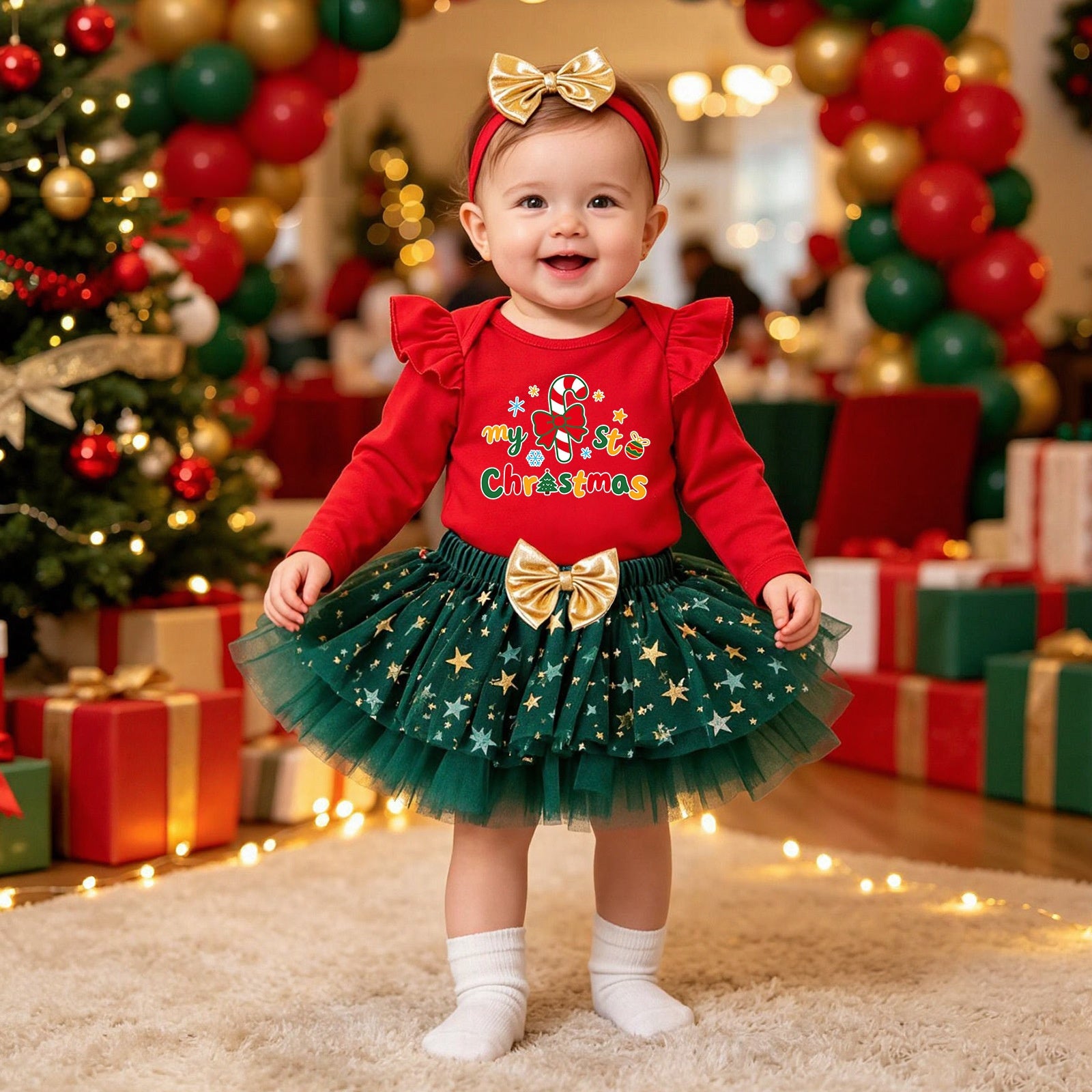 Wholesale Infant Baby Girl Christmas Dress Set Red Star Tulle Skirt 3 Piece Holiday Party Outfit