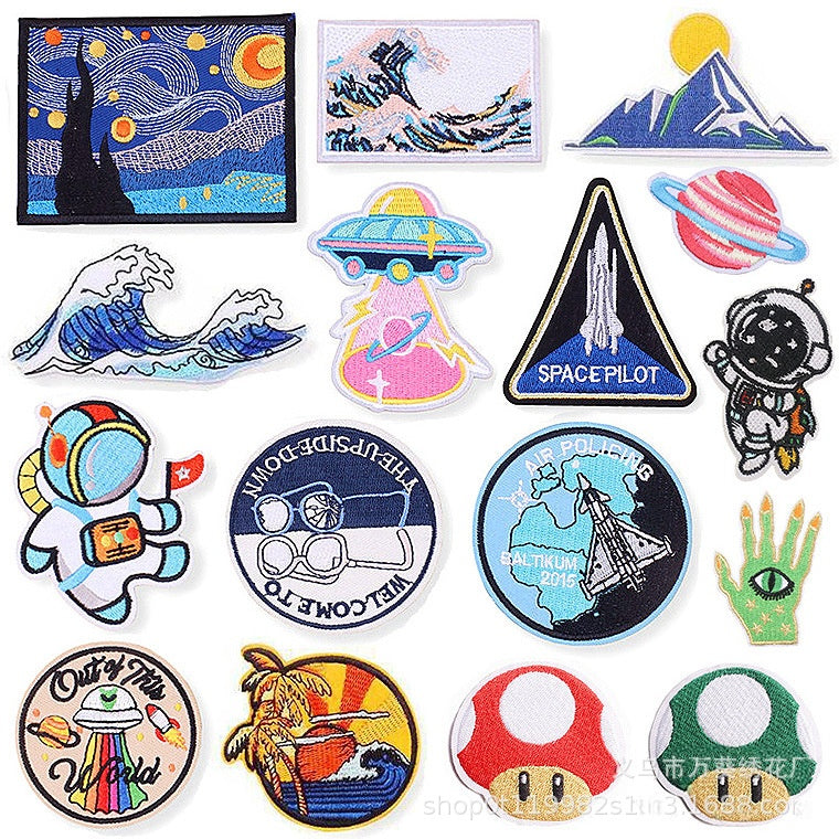 Wholesale Modern Iron On Embroidered Patch Set Astronaut Spaceship Cartoon Mushroom Designs Trendy Clothing Accessory For Gift Resale